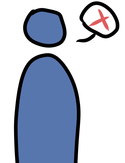 a blue figure talking with an X in the speech bubble